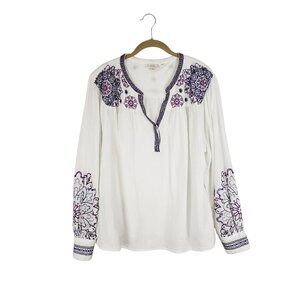 FatFace Embroidered Boho Peasant Top White Purple Floral Long Sleeve Womens 14